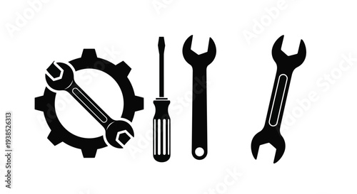 Black tool icons including wrenches gears and a screwdriver silhouette