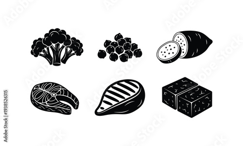Stylized black and white icons depict various protein rich food sources
