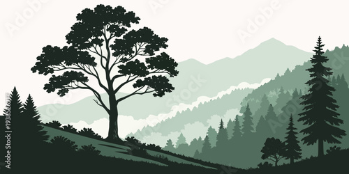 A majestic tree stands tall against a backdrop of misty mountains and a clear blue sky. Vector