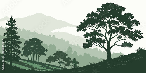 A serene landscape of trees and mountains under a clear sky Vector