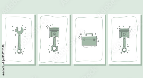 Set of mechanical engineering icons: wrench, piston, toolbox, isolated on white background