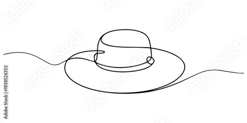 Continuous one line drawing of Straw hat, sun hat. summer, beach, travel, farmer concept. Editable stroke vector, Women summer hat in continuous line art drawing style. Female sun protected hat pro.