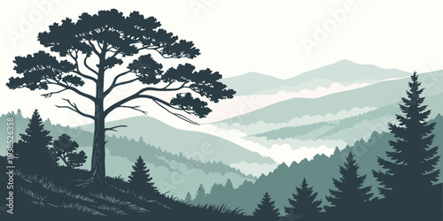A serene landscape of rolling hills and dense forest under a clear blue sky Vector