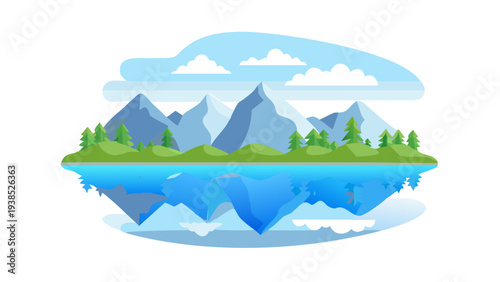 A serene landscape with mountains, trees, and a reflective lake under a blue sky Vector