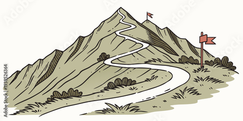 A lone figure stands atop a rugged mountain peak, gazing into the distance Vector