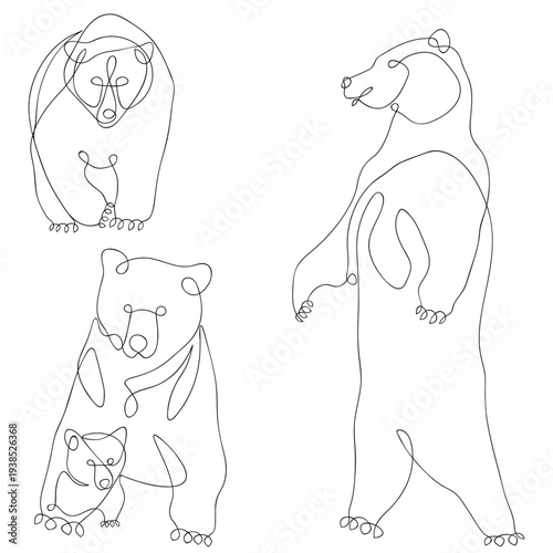 Bear, bear cub, set vector illustration, doodle. Continuous line.