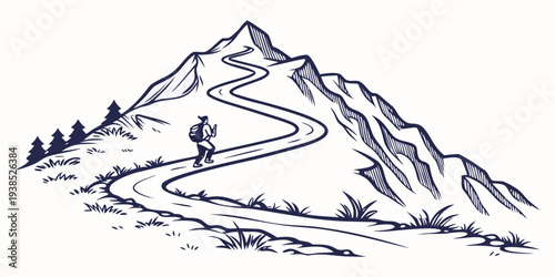 A lone hiker ascends a winding trail on a majestic mountain peak. Vector