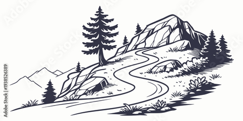 A scenic mountain landscape with a winding trail and a lone tree Vector