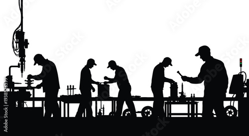 Silhouetted factory workers assemble products on a production line against a bright background high quality professional