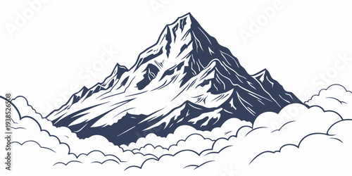 Majestic mountain peak rising above the clouds with snow-covered slopes Vector