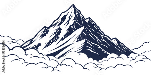 Majestic snow-capped mountain peak rising above the clouds Vector