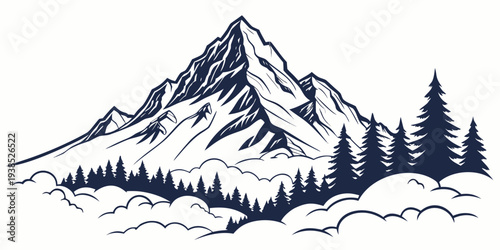 Majestic mountain range with snow-capped peaks and dense forest at the base Vector