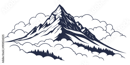 A majestic mountain peak rising above the clouds with a serene and tranquil atmosphere Vector