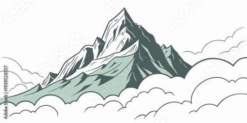 Majestic snow-covered mountain peak towering above the clouds in a serene landscape. Vector