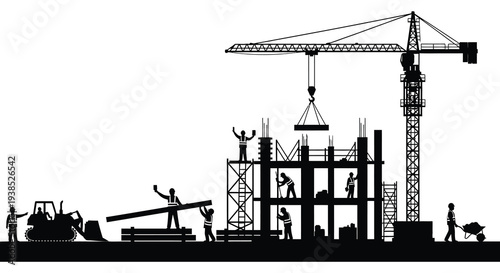 A black silhouette depicts construction workers and machinery building a structure on site high quality professional