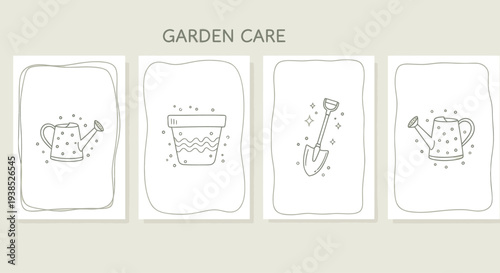 Hand-drawn garden care icons: watering can, flower pot, and shovel with sparkles