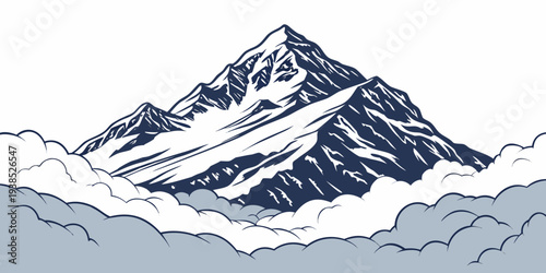 Majestic snow-capped mountain peak towering over a serene body of water. Vector