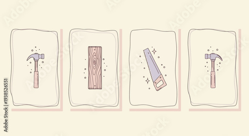 Hand Drawn Carpenter Tools and Wood Elements, Crafting Icons