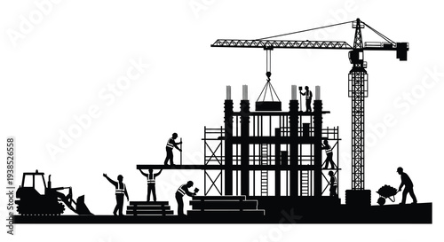 A black silhouette depicts a construction site with workers a crane and building foundations high quality