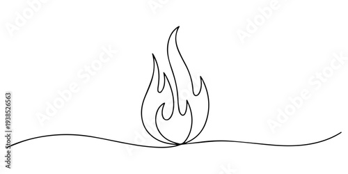 Fire icon in continuous one line drawing with minimalist style isolated outline illustration design. one line Icon drawing, Fire in single line draw illustration. Editable stroke, Stylized flame, pro.