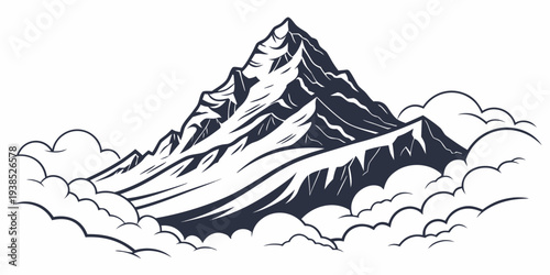 A majestic mountain peak rising above the clouds with snow-covered slopes and rocky ridges Vector