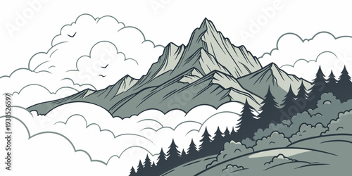 Majestic mountain landscape with snow-capped peaks and lush green forests Vector