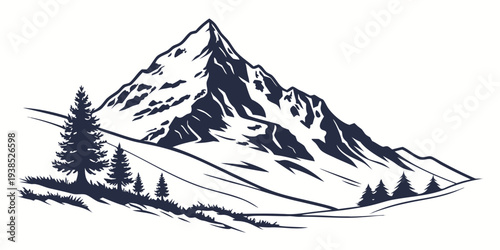 A majestic mountain peak with a serene forest at its base, showcasing nature's grandeur. Vector