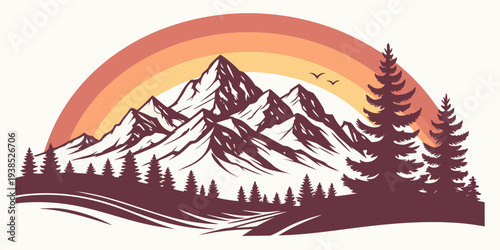 A serene mountain landscape with a vibrant sunset and lush green trees Vector