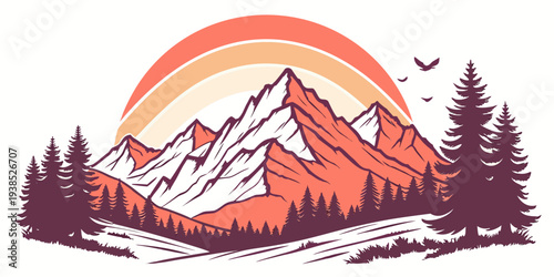 A serene landscape featuring a sunrise over mountains with a river winding through the valley Vector
