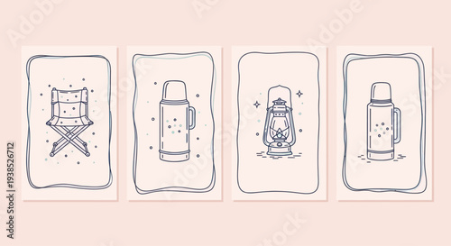 Camping Gear Icons: Folding Chair, Thermos, Lantern, Thermos - Line Art
