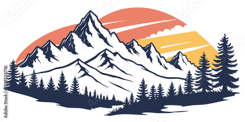 Majestic mountains with a vibrant sunrise and a cozy campsite Vector