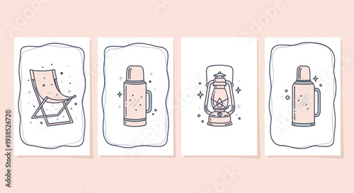 Camping Essentials: Foldable Chair, Thermos, Lantern - Minimalist Line Art