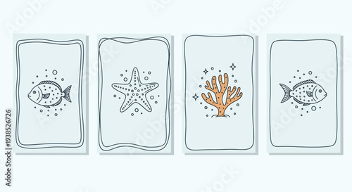 Cute Doodle Set: Fish, Starfish, Coral in Frames - Ocean Life Illustrations