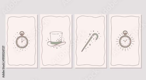 Vintage Magic Show Icons: Pocket Watch, Top Hat, Wand, and Clock on Cream Background