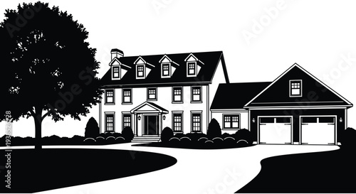 A black and white illustration of a large classic american suburban house with a garage