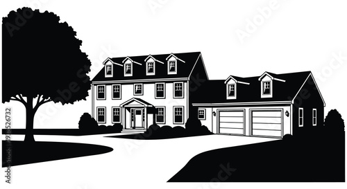 A black and white illustration depicts a large classic two story suburban house with a tree