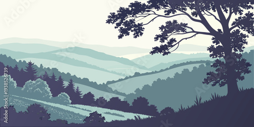 A serene landscape of misty mountains and a winding river under a clear sky Vector