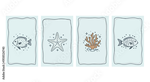 Set of cute hand-drawn underwater elements: fish, starfish, coral on light blue background