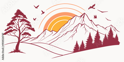 A serene mountain landscape with trees and a vibrant sunrise or sunset in the background Vector