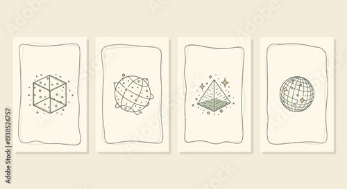 Geometric Shapes and Forms: Cube, Sphere, Pyramid, Globe - Minimalist Line Art