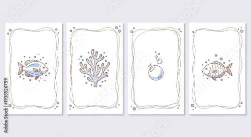 Cute Cartoon Underwater Sea Creatures and Bubbles with Decorative Frames