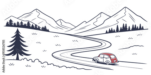 A skier navigating a winding trail surrounded by snow-covered mountains and pine trees Vector