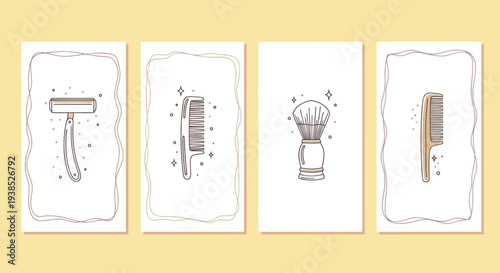 Grooming Essentials: Razor, Combs, Shaving Brush - Vintage Style Illustrations