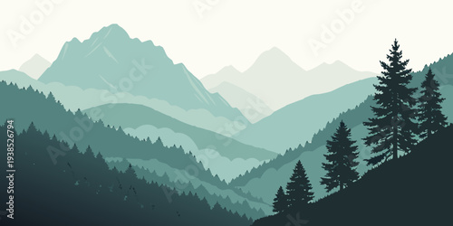 Majestic mountain range with snow-capped peaks and dense forest below Vector