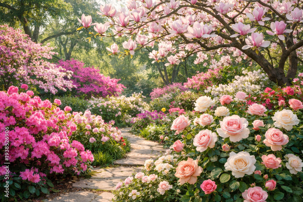Obraz premium Frühlingshafter Garten mit blühenden rosa Magnolien, Rosen und Azaleen entlang eines kleinen Steinwegs. Die farbenfrohen Blumen und das warme Sonnenlicht schaffen eine romantische Naturkulisse.