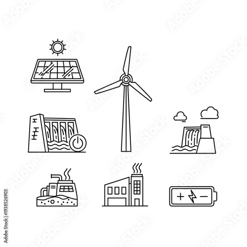 Vector illustration of renewable energy sources and power generation with solar panels, wind turbine, hydroelectric dam, and factory