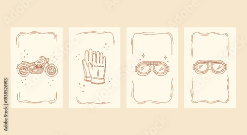 Vintage Motorcycle, Gloves, Goggles: Retro Biker Gear Icons Set