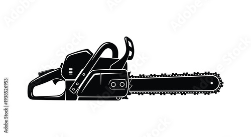 A black silhouette illustration depicting a gasoline powered chainsaw with a sharp extended blade high quality professional
