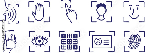 Minimalist dark blue line icon set featuring biometric authentication methods including voice recognition, facial scanning, eye iris scan, and fingerprint identity verification.