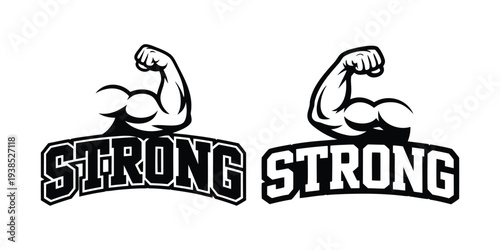 Strong Muscle Arm Logo Vector, Bodybuilding Strength Emblem with Bold Typography
